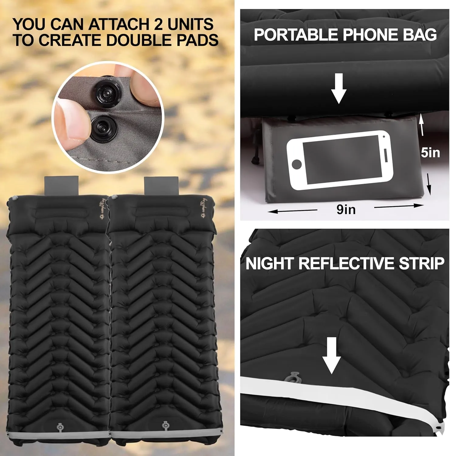 Sleeping Pad with Pillow, Self Inflating Extra-Thick, Ultralight Sleeping Mat, Built-in Pump, Ultimate for Camping, Hiking, Traveling, Airpad, Carry Bag, Compact & Lightweight Air Mattress (Black)