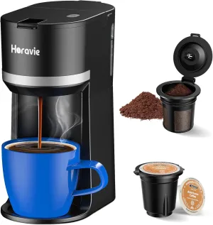 Small Single Serve Coffee Maker for K Cup and Grounds, Fast Brew One Cup Coffee Machine with 12 Oz Reservoir, Compact Size for Home Office RV and Travel, Black