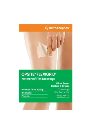 SMITH & NEPHEW OPSITE Flexigrid Clear Waterproof Film Dressings 6cm X 7cm 5 Pack