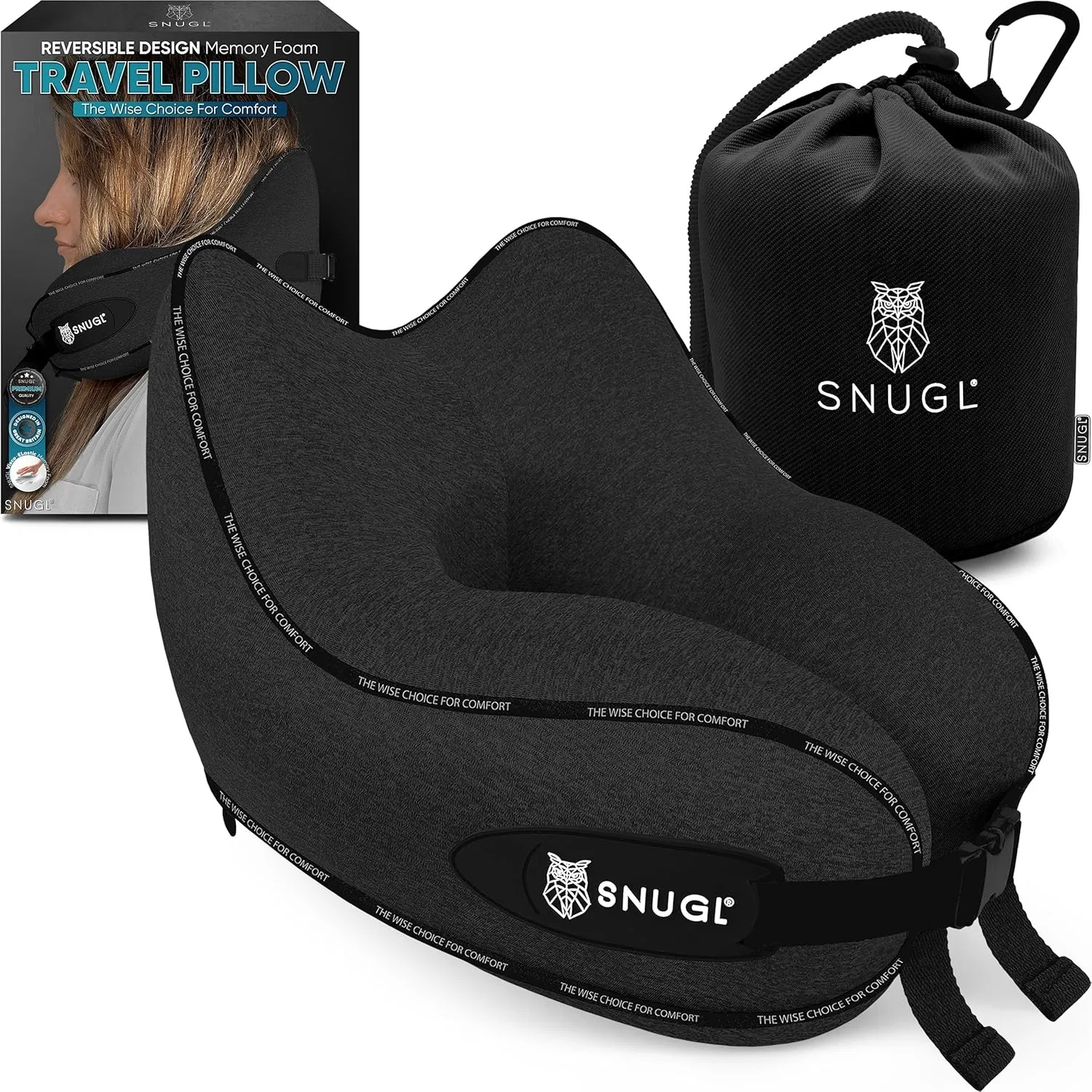 SNUGL Neck Travel Pillow - Memory Foam Airplane Pillow - Flight Pillow | Neck Support Travel Pillow with Carry Bag & Clip | Neck Pillows for Sleeping Travel Plane | Flying Travel Essentials - Black