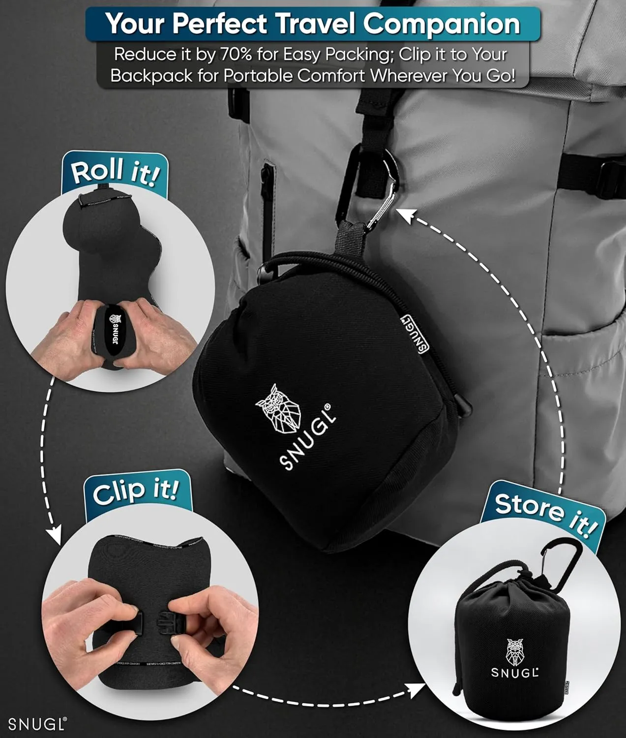 SNUGL Neck Travel Pillow - Memory Foam Airplane Pillow - Flight Pillow | Neck Support Travel Pillow with Carry Bag & Clip | Neck Pillows for Sleeping Travel Plane | Flying Travel Essentials - Black