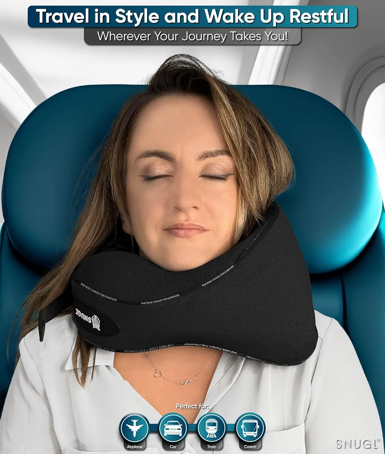 SNUGL Neck Travel Pillow - Memory Foam Airplane Pillow - Flight Pillow | Neck Support Travel Pillow with Carry Bag & Clip | Neck Pillows for Sleeping Travel Plane | Flying Travel Essentials - Black