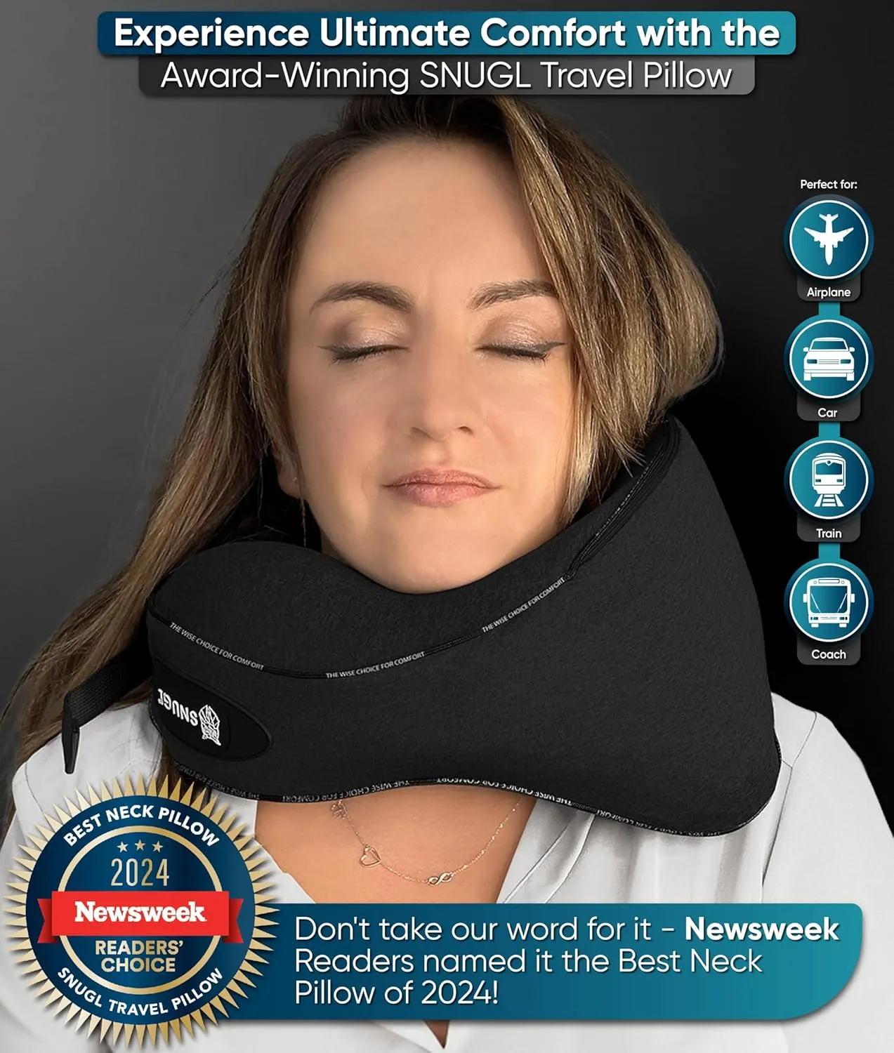 SNUGL Neck Travel Pillow - Memory Foam Airplane Pillow - Flight Pillow | Neck Support Travel Pillow with Carry Bag & Clip | Neck Pillows for Sleeping Travel Plane | Flying Travel Essentials - Black