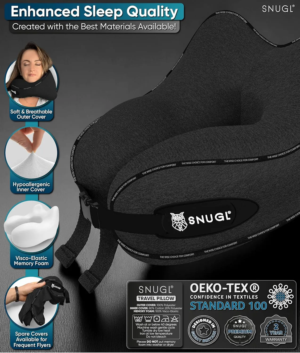 SNUGL Neck Travel Pillow - Memory Foam Airplane Pillow - Flight Pillow | Neck Support Travel Pillow with Carry Bag & Clip | Neck Pillows for Sleeping Travel Plane | Flying Travel Essentials - Black