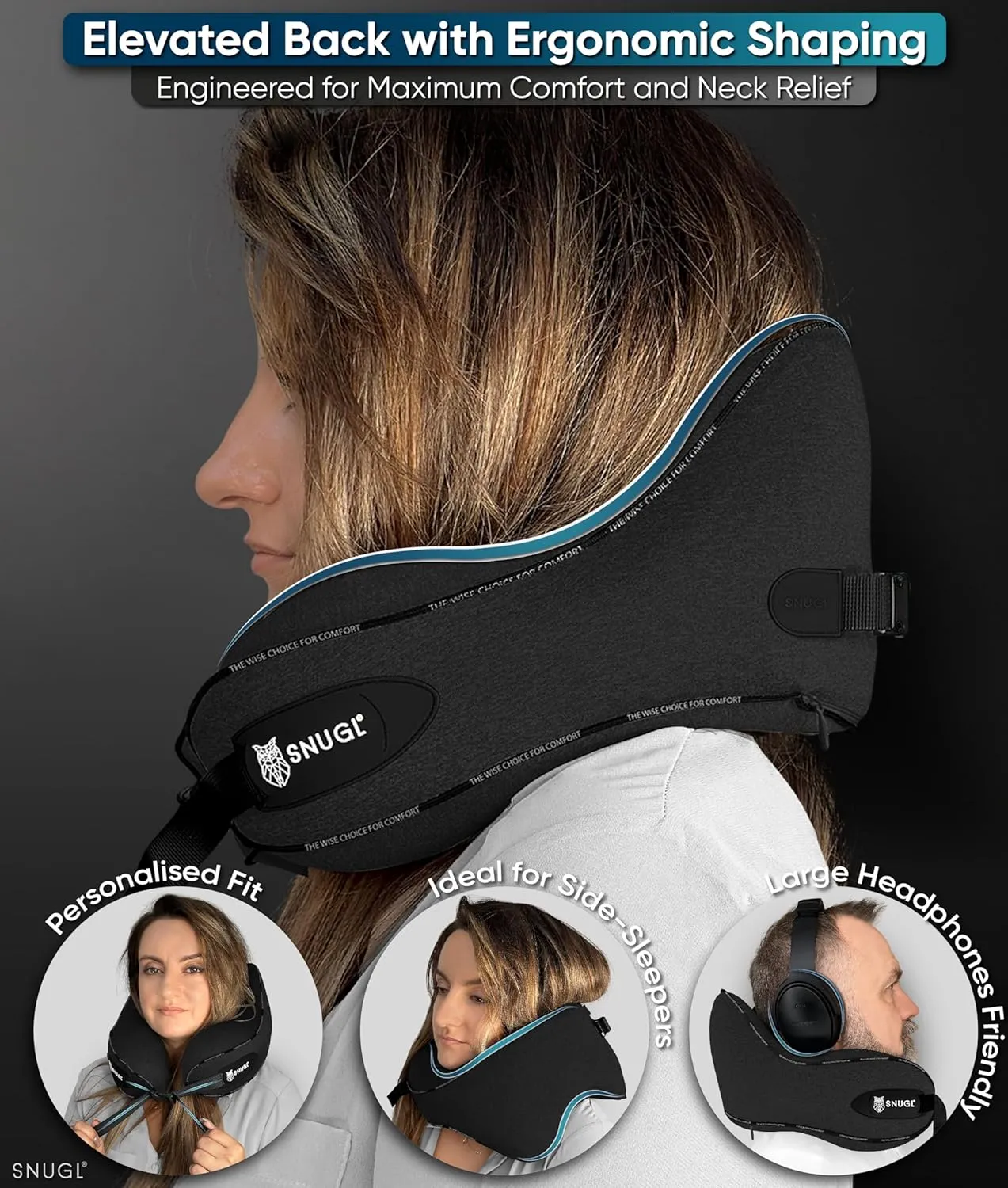 SNUGL Neck Travel Pillow - Memory Foam Airplane Pillow - Flight Pillow | Neck Support Travel Pillow with Carry Bag & Clip | Neck Pillows for Sleeping Travel Plane | Flying Travel Essentials - Black