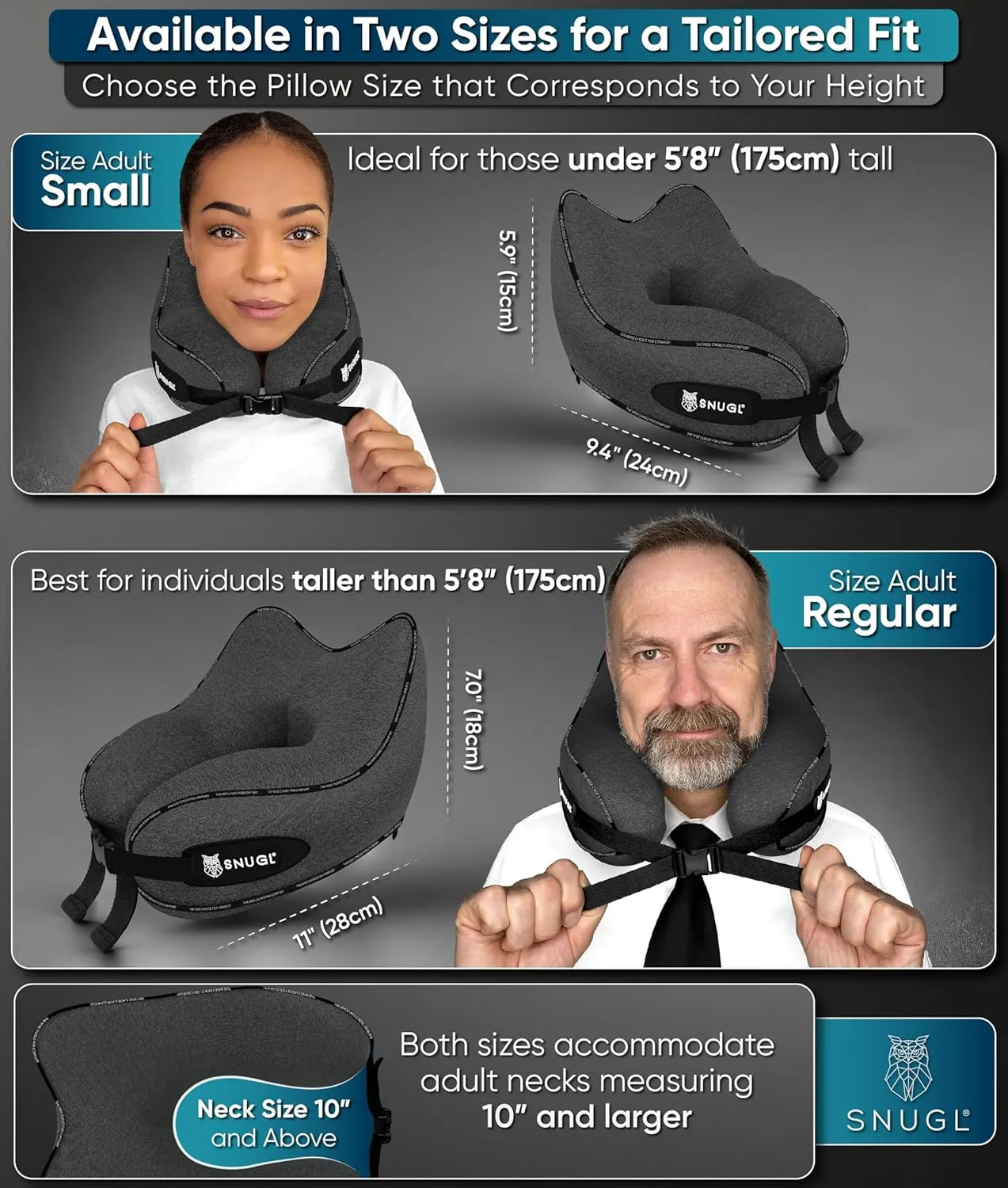 SNUGL Neck Travel Pillow - Memory Foam Airplane Pillow - Flight Pillow | Neck Support Travel Pillow with Carry Bag & Clip | Neck Pillows for Sleeping Travel Plane | Flying Travel Essentials, Dark Grey