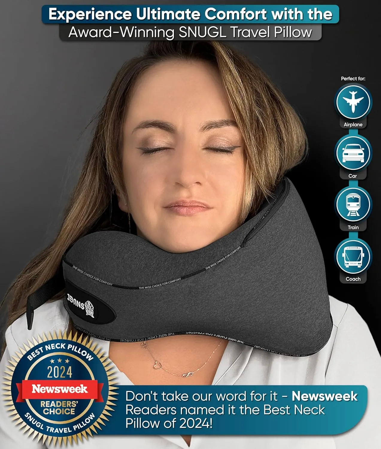 SNUGL Neck Travel Pillow - Memory Foam Airplane Pillow - Flight Pillow | Neck Support Travel Pillow with Carry Bag & Clip | Neck Pillows for Sleeping Travel Plane | Flying Travel Essentials, Dark Grey