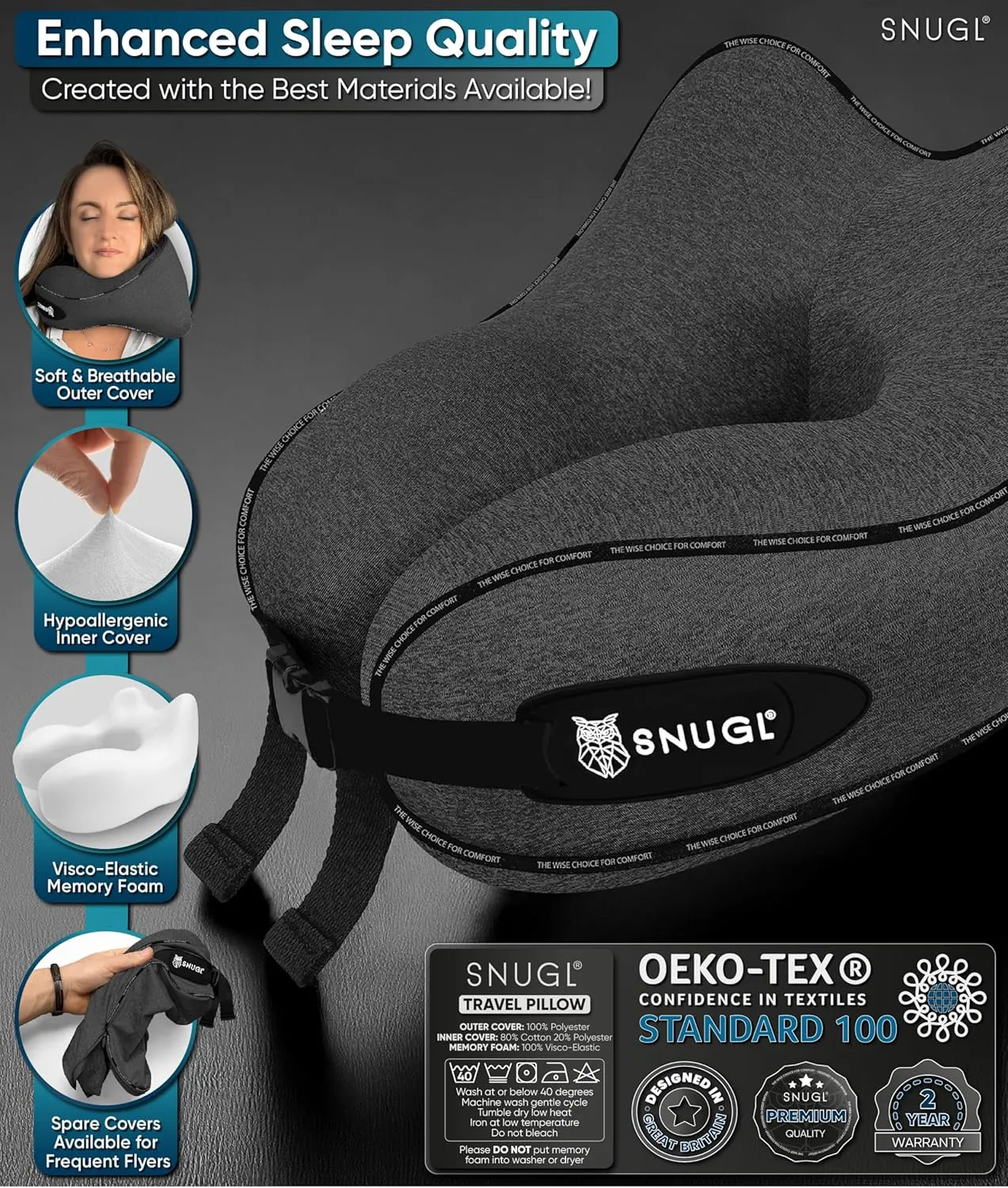 SNUGL Neck Travel Pillow - Memory Foam Airplane Pillow - Flight Pillow | Neck Support Travel Pillow with Carry Bag & Clip | Neck Pillows for Sleeping Travel Plane | Flying Travel Essentials, Dark Grey