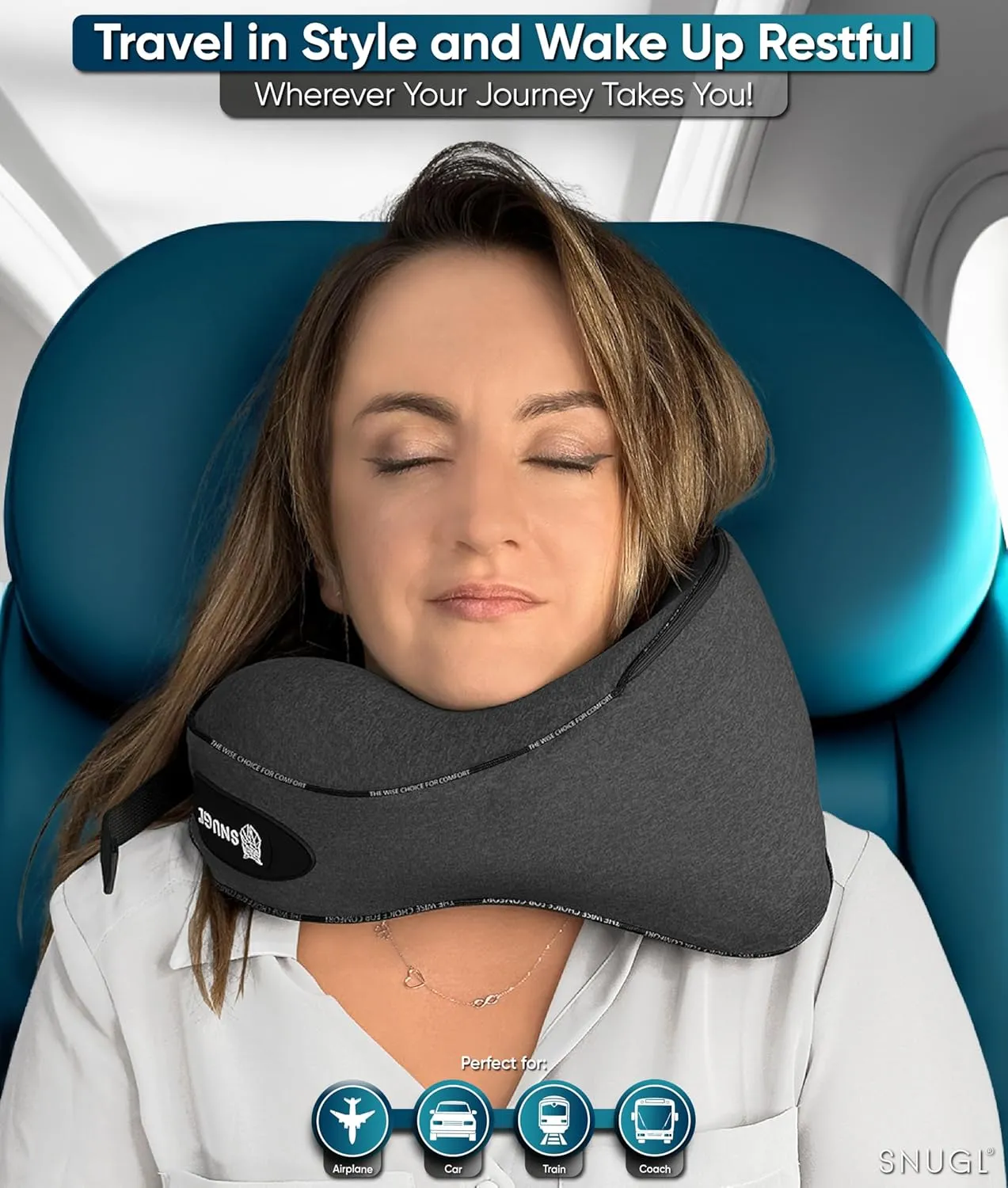 SNUGL Neck Travel Pillow - Memory Foam Airplane Pillow - Flight Pillow | Neck Support Travel Pillow with Carry Bag & Clip | Neck Pillows for Sleeping Travel Plane | Flying Travel Essentials, Dark Grey