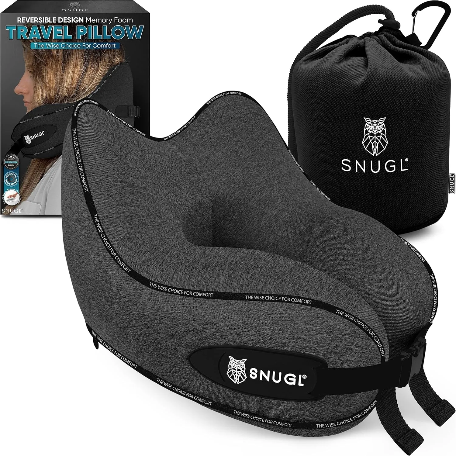 SNUGL Neck Travel Pillow - Memory Foam Airplane Pillow - Flight Pillow | Neck Support Travel Pillow with Carry Bag & Clip | Neck Pillows for Sleeping Travel Plane | Flying Travel Essentials, Dark Grey