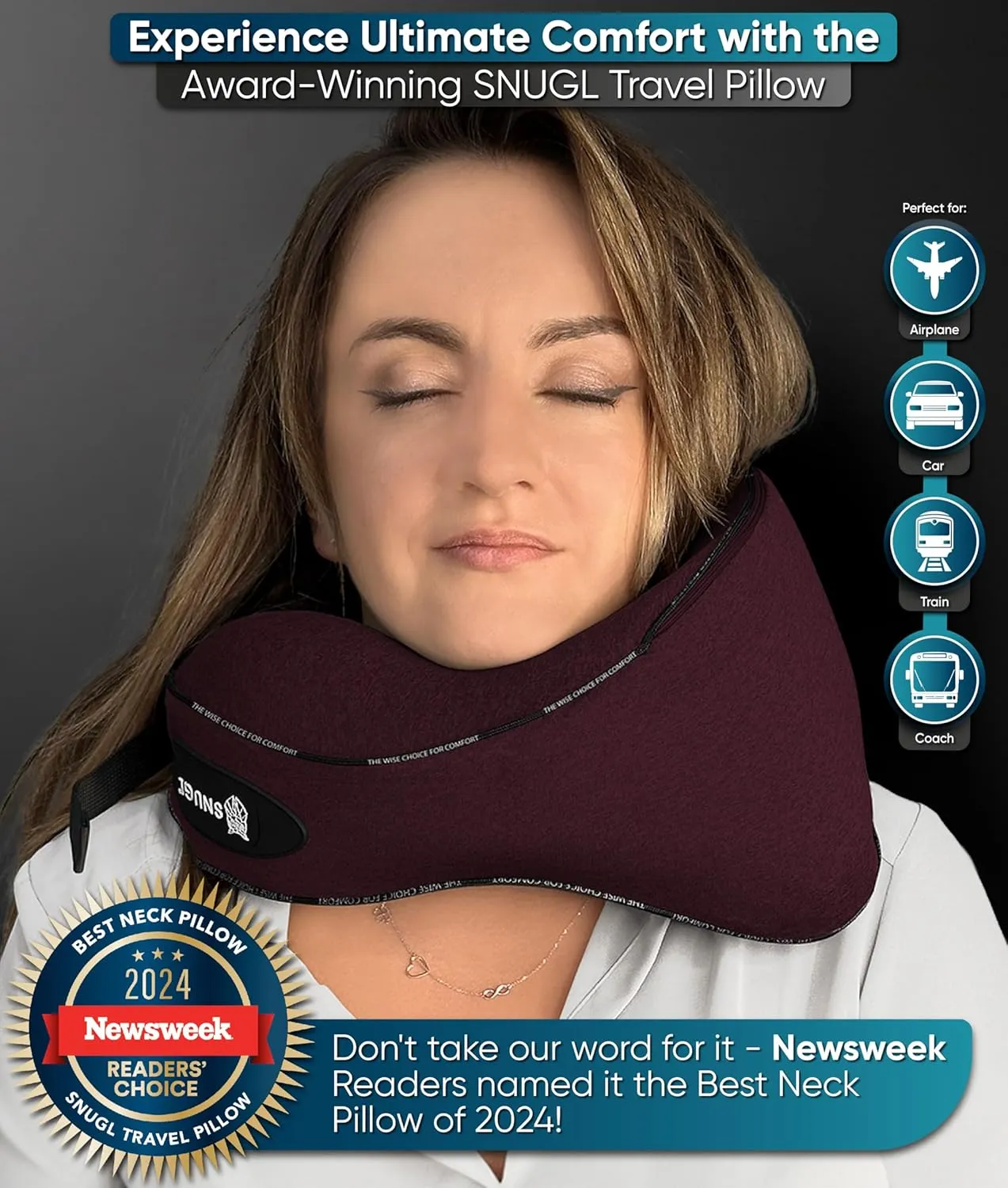 SNUGL Neck Travel Pillow - Memory Foam Airplane Pillow - Flight Pillow | Neck Support Travel Pillow with Carry Bag & Clip | Neck Pillows for Sleeping Travel Plane | Flying Travel Essentials - Dark Red