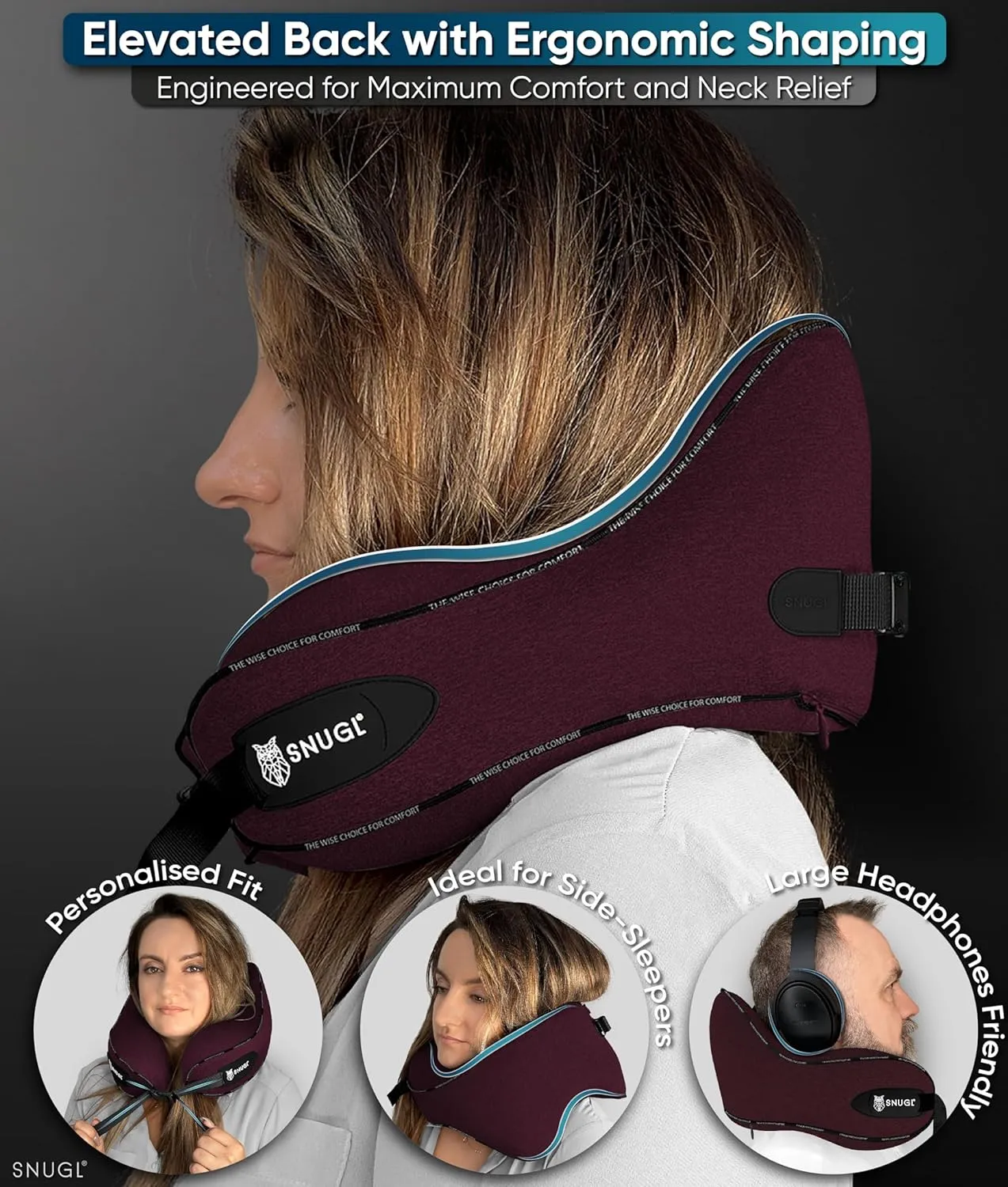 SNUGL Neck Travel Pillow - Memory Foam Airplane Pillow - Flight Pillow | Neck Support Travel Pillow with Carry Bag & Clip | Neck Pillows for Sleeping Travel Plane | Flying Travel Essentials - Dark Red