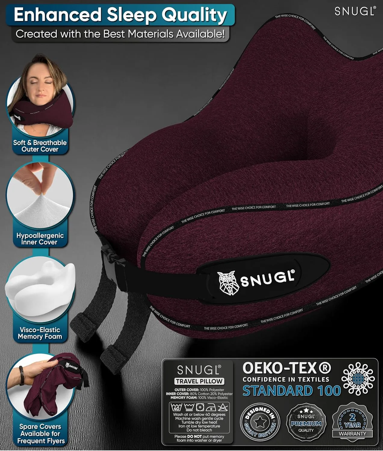 SNUGL Neck Travel Pillow - Memory Foam Airplane Pillow - Flight Pillow | Neck Support Travel Pillow with Carry Bag & Clip | Neck Pillows for Sleeping Travel Plane | Flying Travel Essentials - Dark Red