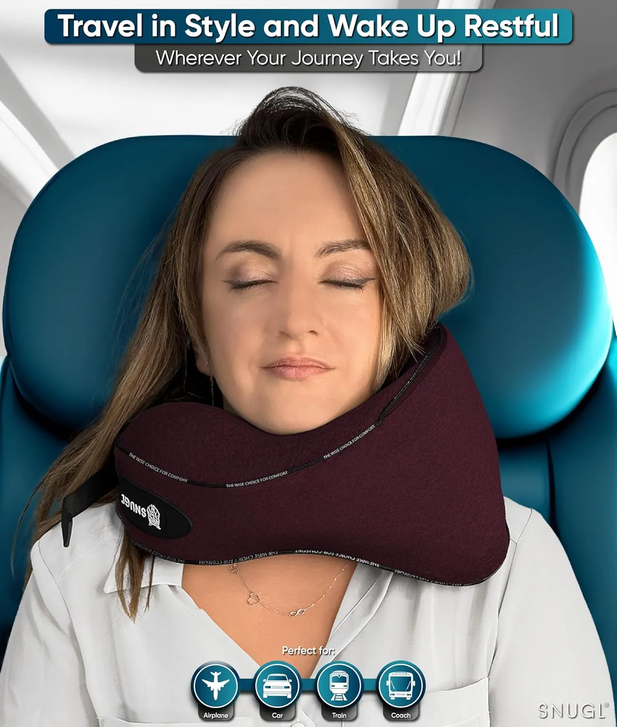 SNUGL Neck Travel Pillow - Memory Foam Airplane Pillow - Flight Pillow | Neck Support Travel Pillow with Carry Bag & Clip | Neck Pillows for Sleeping Travel Plane | Flying Travel Essentials - Dark Red