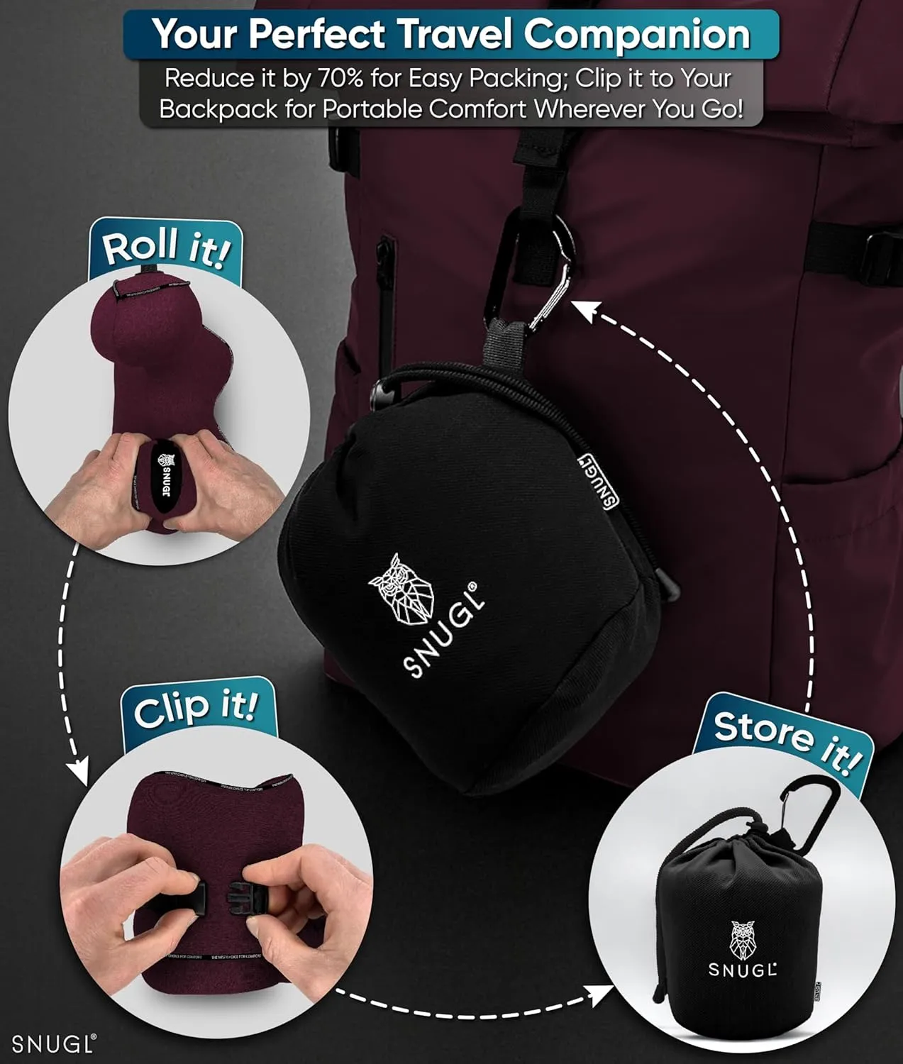 SNUGL Neck Travel Pillow - Memory Foam Airplane Pillow - Flight Pillow | Neck Support Travel Pillow with Carry Bag & Clip | Neck Pillows for Sleeping Travel Plane | Flying Travel Essentials - Dark Red