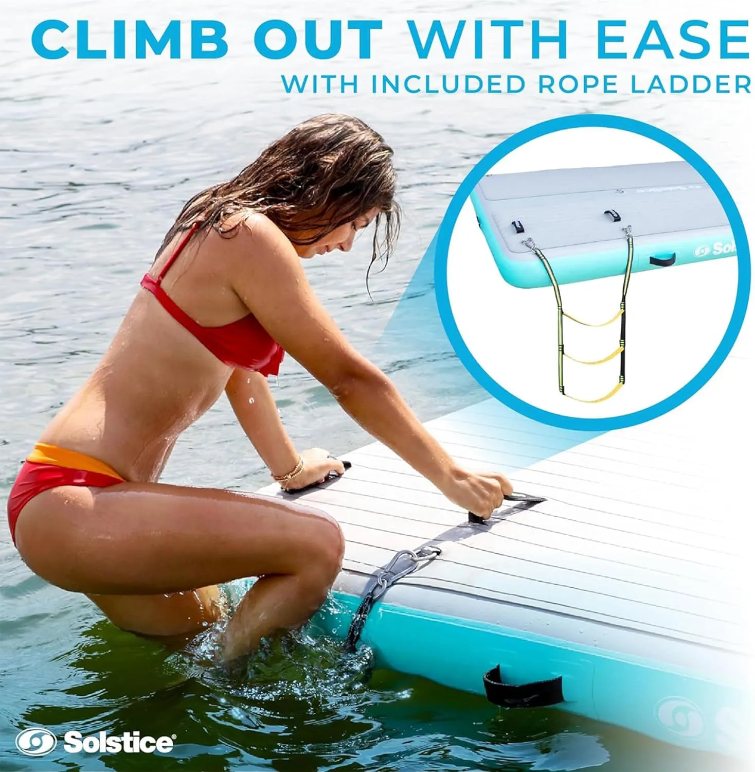 SOLSTICE Original Floating Inflatable Luxe Dock Platform 10 X 8 FT Float for Lake Boat Pool Ocean | W/Non-Slip Pad | Water Mat Swim Raft for Multiple Adults Kids Dogs | 8 Inch Extra Thick & Stable