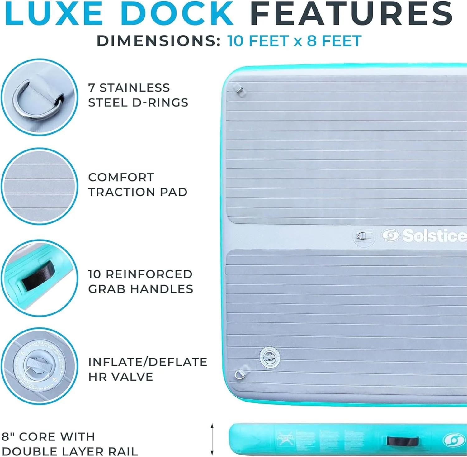 SOLSTICE Original Floating Inflatable Luxe Dock Platform 10 X 8 FT Float for Lake Boat Pool Ocean | W/Non-Slip Pad | Water Mat Swim Raft for Multiple Adults Kids Dogs | 8 Inch Extra Thick & Stable