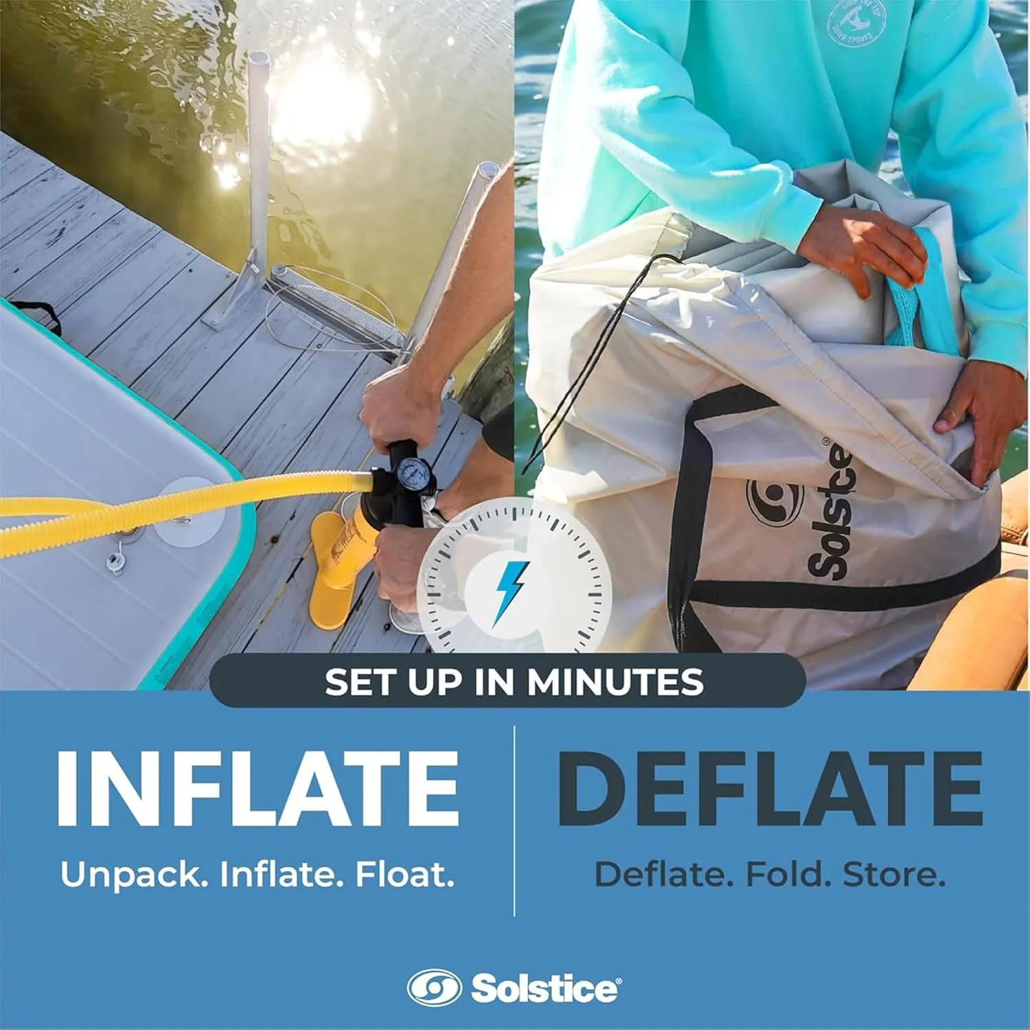 SOLSTICE Original Floating Inflatable Luxe Dock Platform 10 X 8 FT Float for Lake Boat Pool Ocean | W/Non-Slip Pad | Water Mat Swim Raft for Multiple Adults Kids Dogs | 8 Inch Extra Thick & Stable