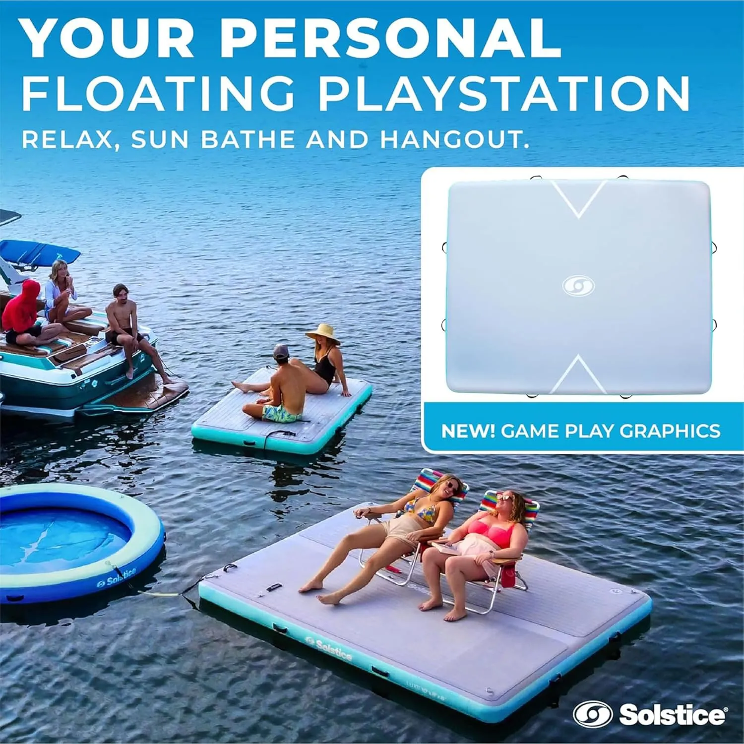 SOLSTICE Original Floating Inflatable Luxe Dock Platform 10 X 8 FT Float for Lake Boat Pool Ocean | W/Non-Slip Pad | Water Mat Swim Raft for Multiple Adults Kids Dogs | 8 Inch Extra Thick & Stable