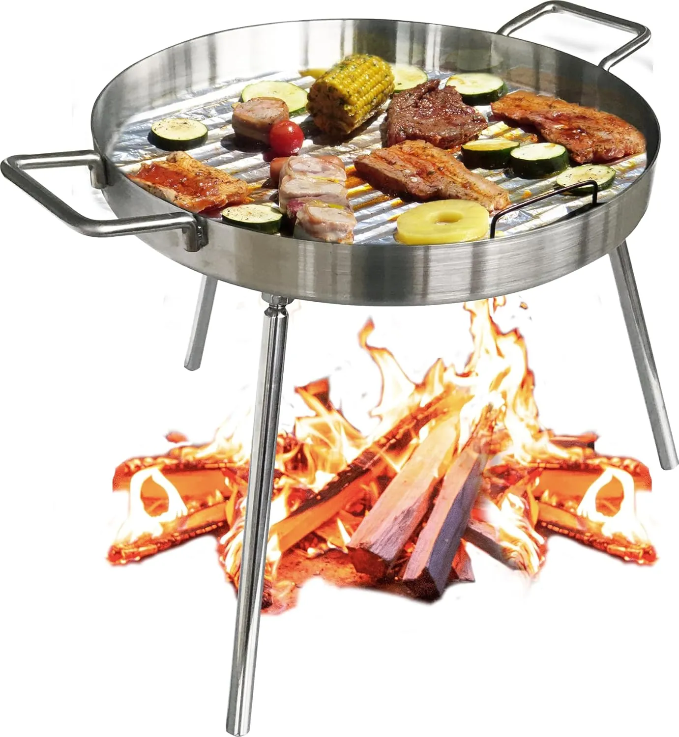 SOTECH Stainless Steel Heavy Duty Outdoor Griddle Fryer Cookware Wok Discada Pan Fry Pans Deep Frying Bowl Cookware Round Grill Pan with Removable Legs and Handles 15.74 inch（Silver）