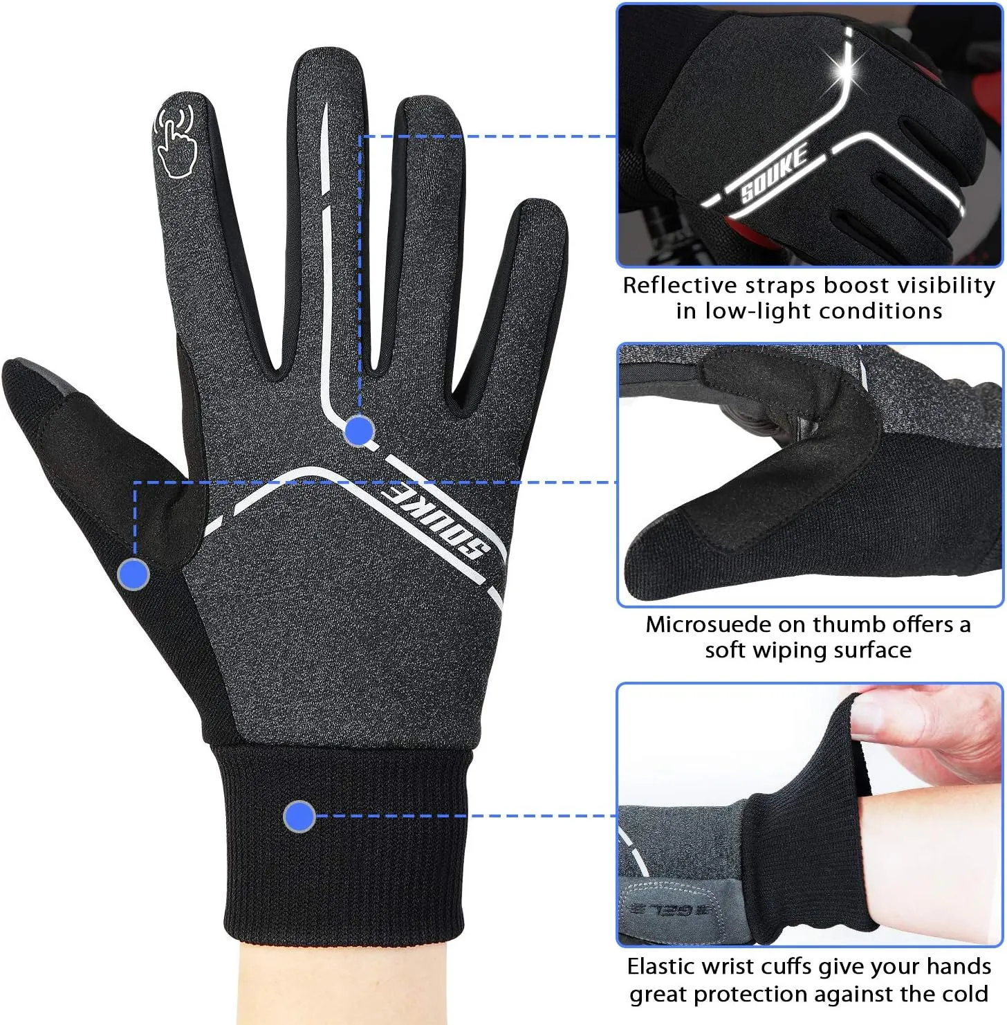 Souke Sports Winter Cycling Gloves Men Women, Touch Screen Padded Bike Glove Water Resistant Windproof Warm Anti-Slip for Running, Biking, Workout