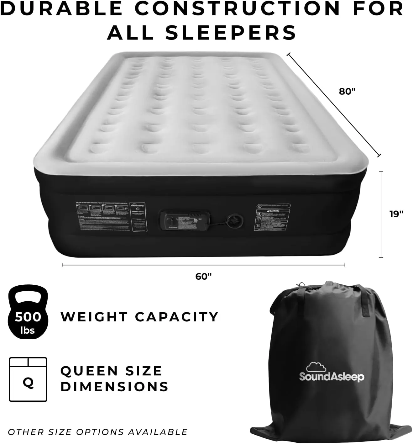 SoundAsleep Dream Series Luxury Air Mattress with ComfortCoil Technology & Built-in High Capacity Pump for Home & Camping- Double Height, Adjustable, Inflatable Blow Up, Portable - Queen Size