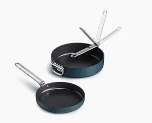 Space Folding Handle Ceramic Non-stick 2-piece Blue Frying Pan Set