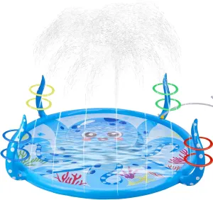 Splash Pad Sprinkler for Kids - 67’’ Large Splash Play Mat,Inflatable Kids Splash Pad W/4 Tentacles,8-Pack Inflatable Pool Rings Outdoor Water Toys for Fun Backyard Fountain Play Mat Girls Boys