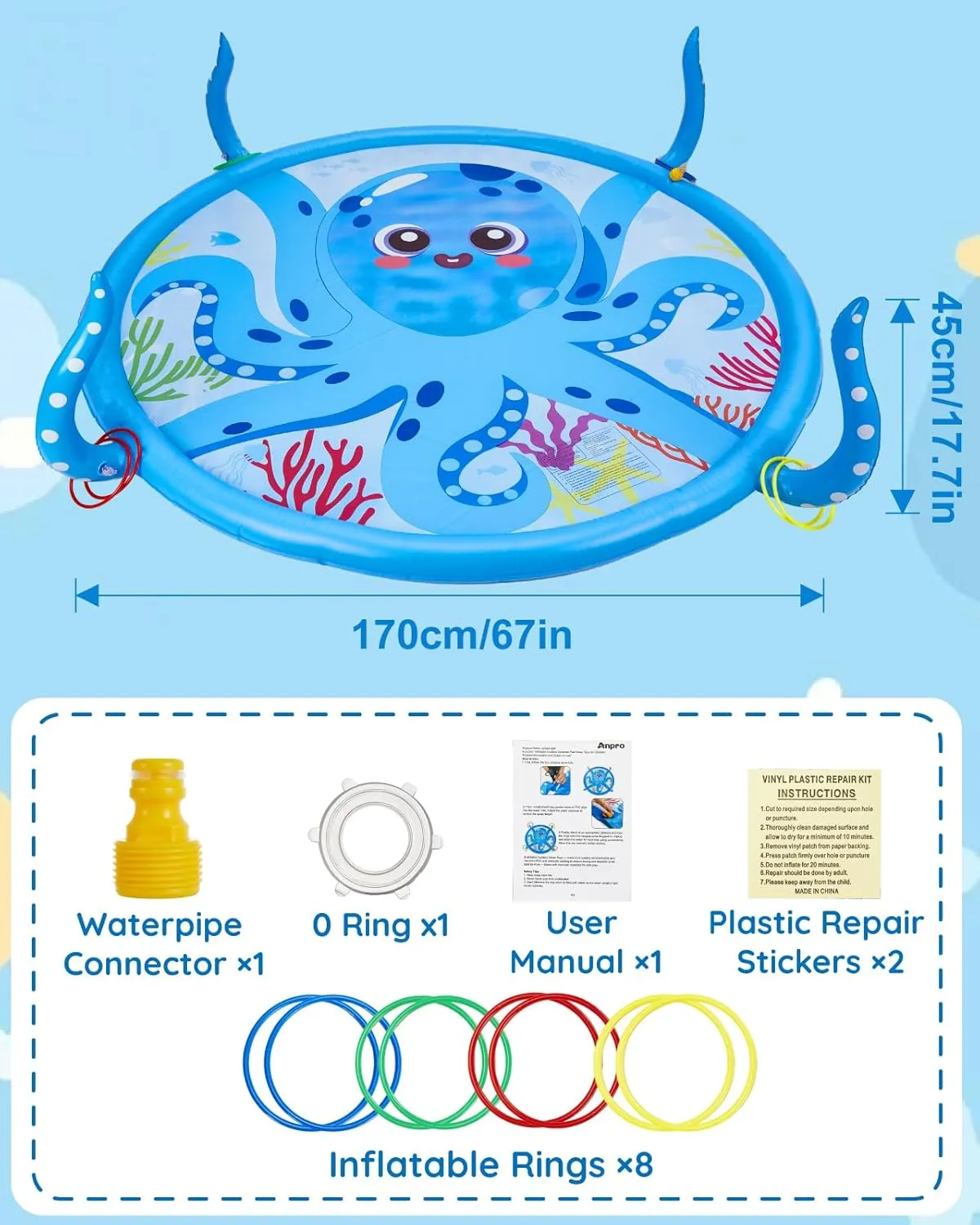 Splash Pad Sprinkler for Kids - 67’’ Large Splash Play Mat,Inflatable Kids Splash Pad W/4 Tentacles,8-Pack Inflatable Pool Rings Outdoor Water Toys for Fun Backyard Fountain Play Mat Girls Boys