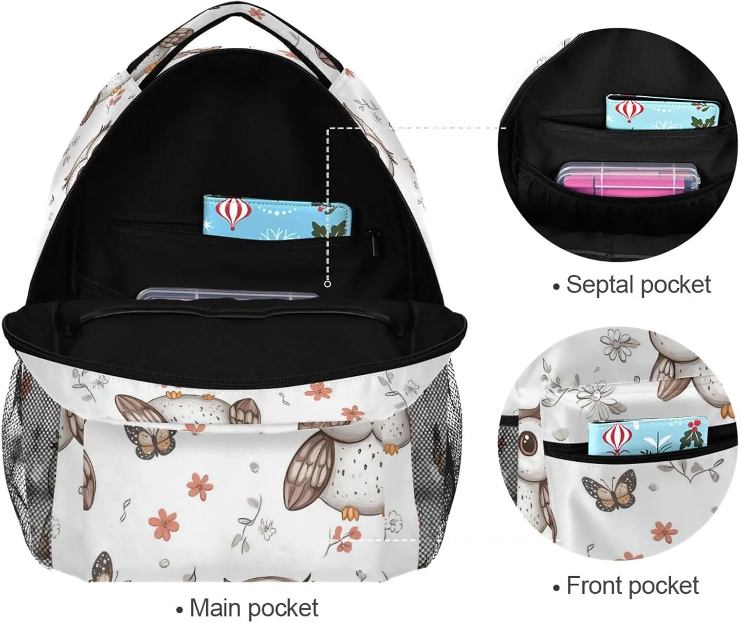 Sport Backpack for Teenager Fashion Outdoor Backpack with Chest Strap for Business Work College Travel Trip Cartoon Sweet Owl White