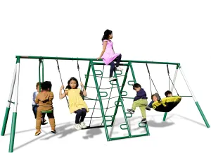 Sportspower Swing Climb and Glide Metal Swing Set 6 in 1: Heavy-Duty A-Frame, Belt Swing, Glider, Saucer, Climbing & Net Ladders (Green)