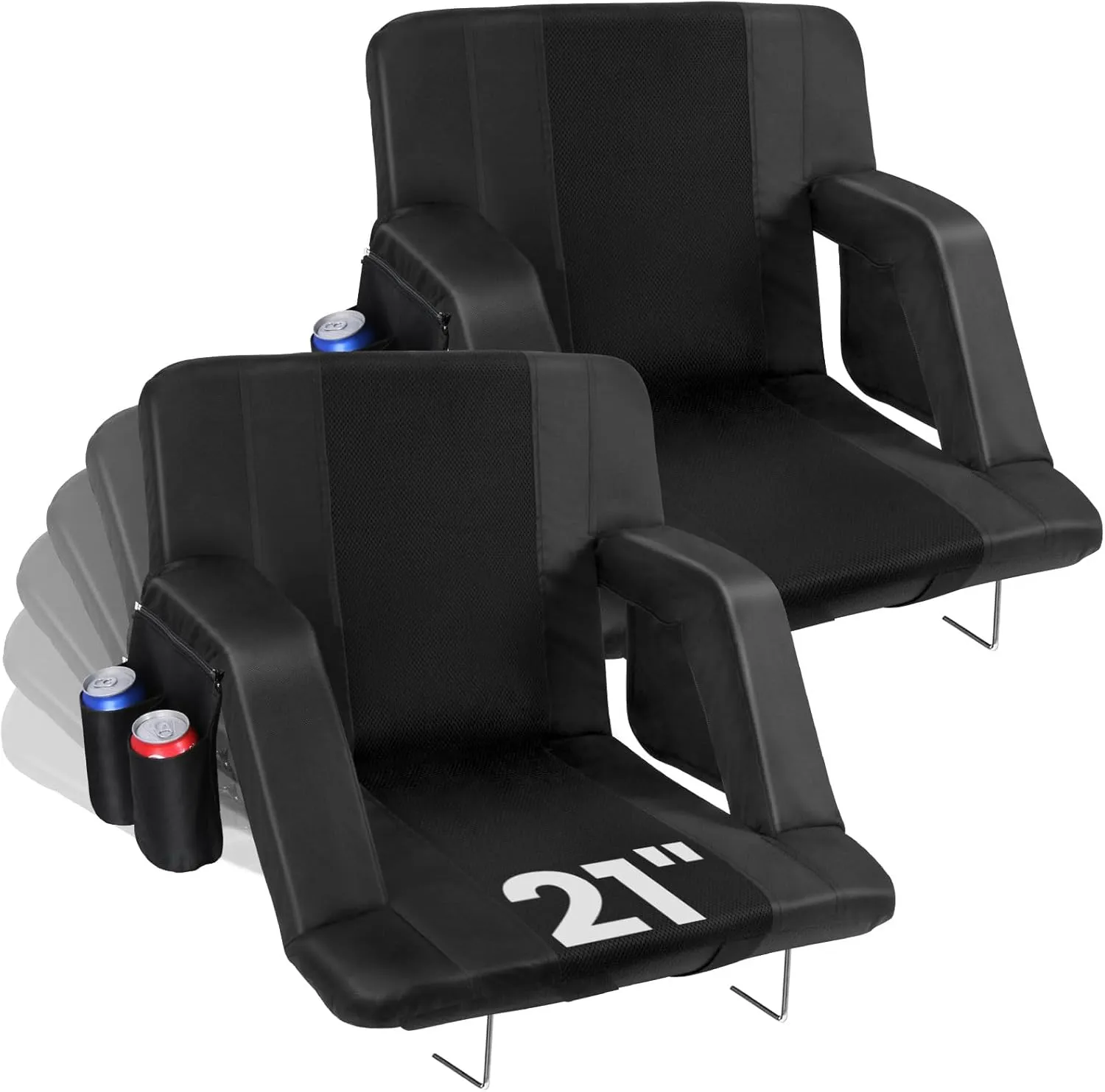 Stadium Seats with Back Support, 2 Pack 3D Mesh Stitching Bleacher Chairs with Back and Cushion, Portable Folding Stadium Seats with Armrests, 6 Reclining Positions Bleacher Seats for Sports Events