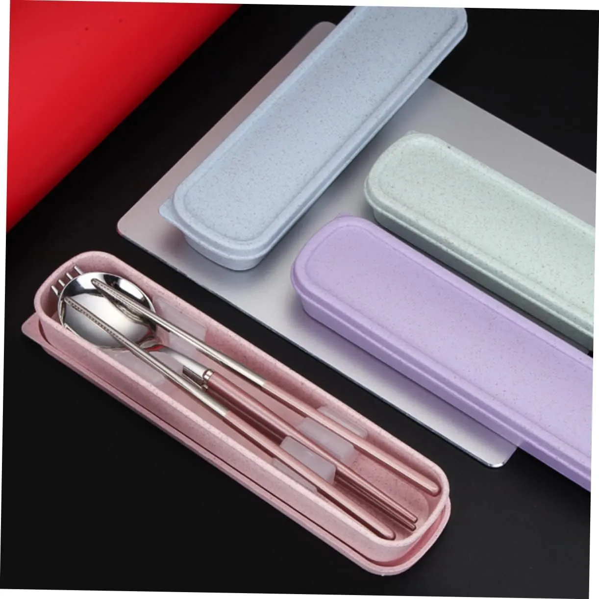 Stainless Steel Chopsticks Fork Spoon Set Reusable Utensils Compact Travel Silverware Camping Cookware Dinnerware Case Random Color