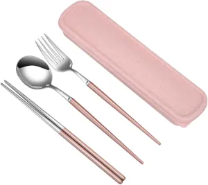 Stainless Steel Chopsticks Fork Spoon Set Reusable Utensils Compact Travel Silverware Camping Cookware Dinnerware Case Random Color