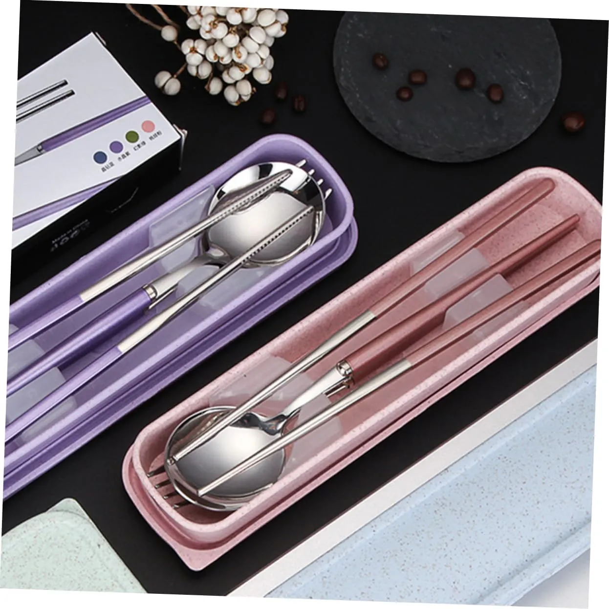 Stainless Steel Chopsticks Fork Spoon Set Reusable Utensils Compact Travel Silverware Camping Cookware Dinnerware Case Random Color