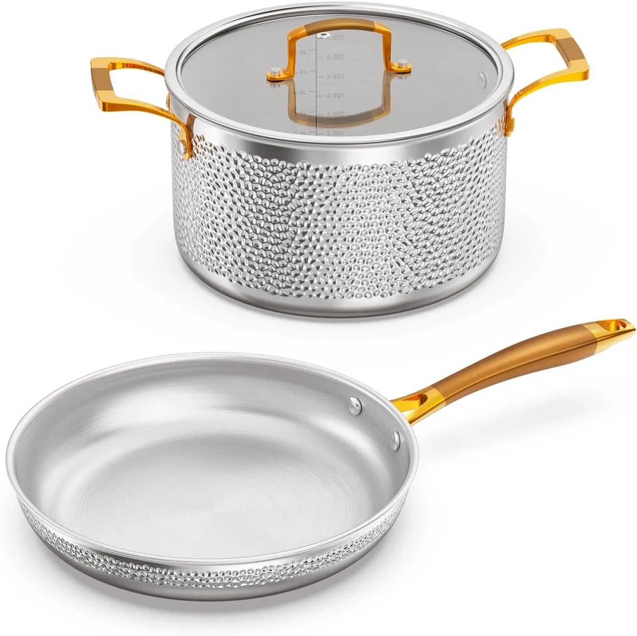 Stainless Steel Pots and Pans Set, Tri-Ply Hammered Kitchen Cookware with Glass Lids, Induction Compatible, Non-Coated, Non-Toxic, 3-Piece