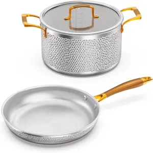 Stainless Steel Pots and Pans Set, Tri-Ply Hammered Kitchen Cookware with Glass Lids, Induction Compatible, Non-Coated, Non-Toxic, 3-Piece