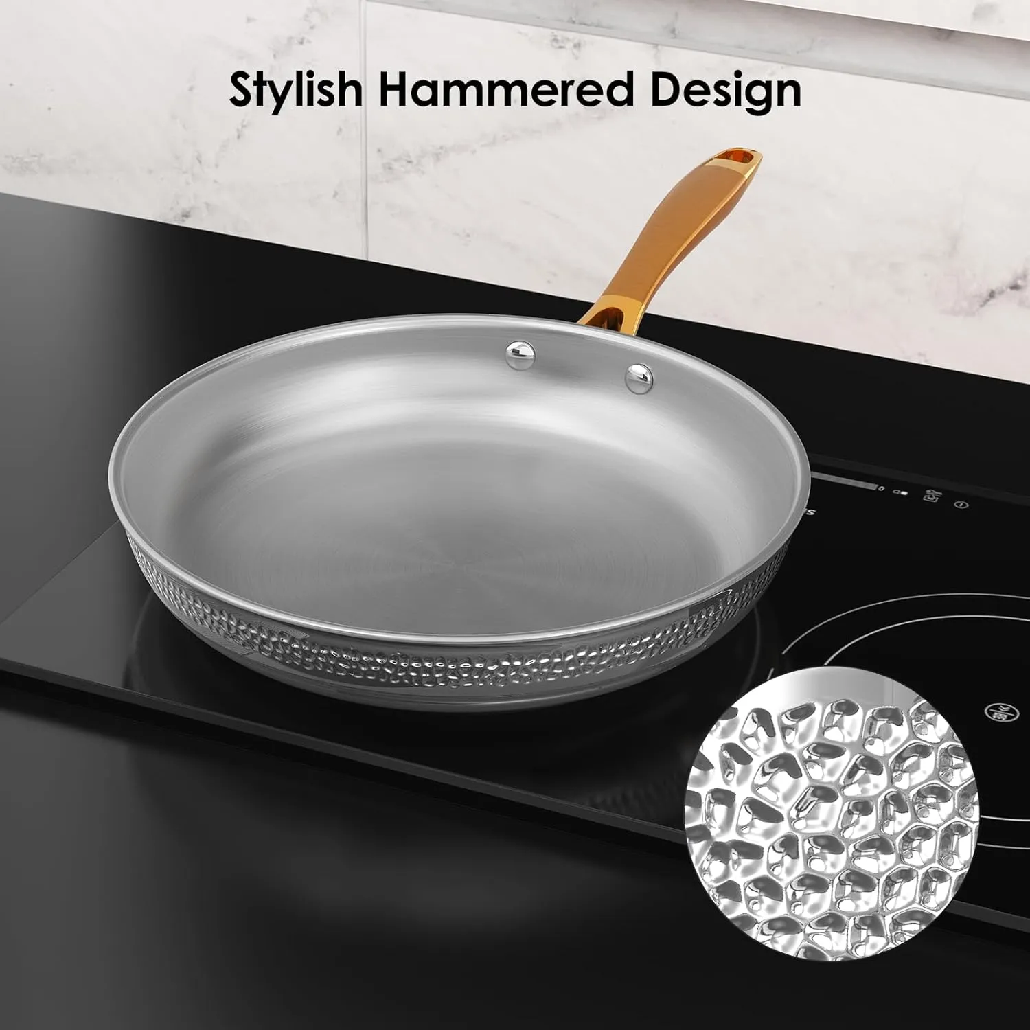 Stainless Steel Pots and Pans Set, Tri-Ply Hammered Kitchen Cookware with Glass Lids, Induction Compatible, Non-Coated, Non-Toxic, 3-Piece