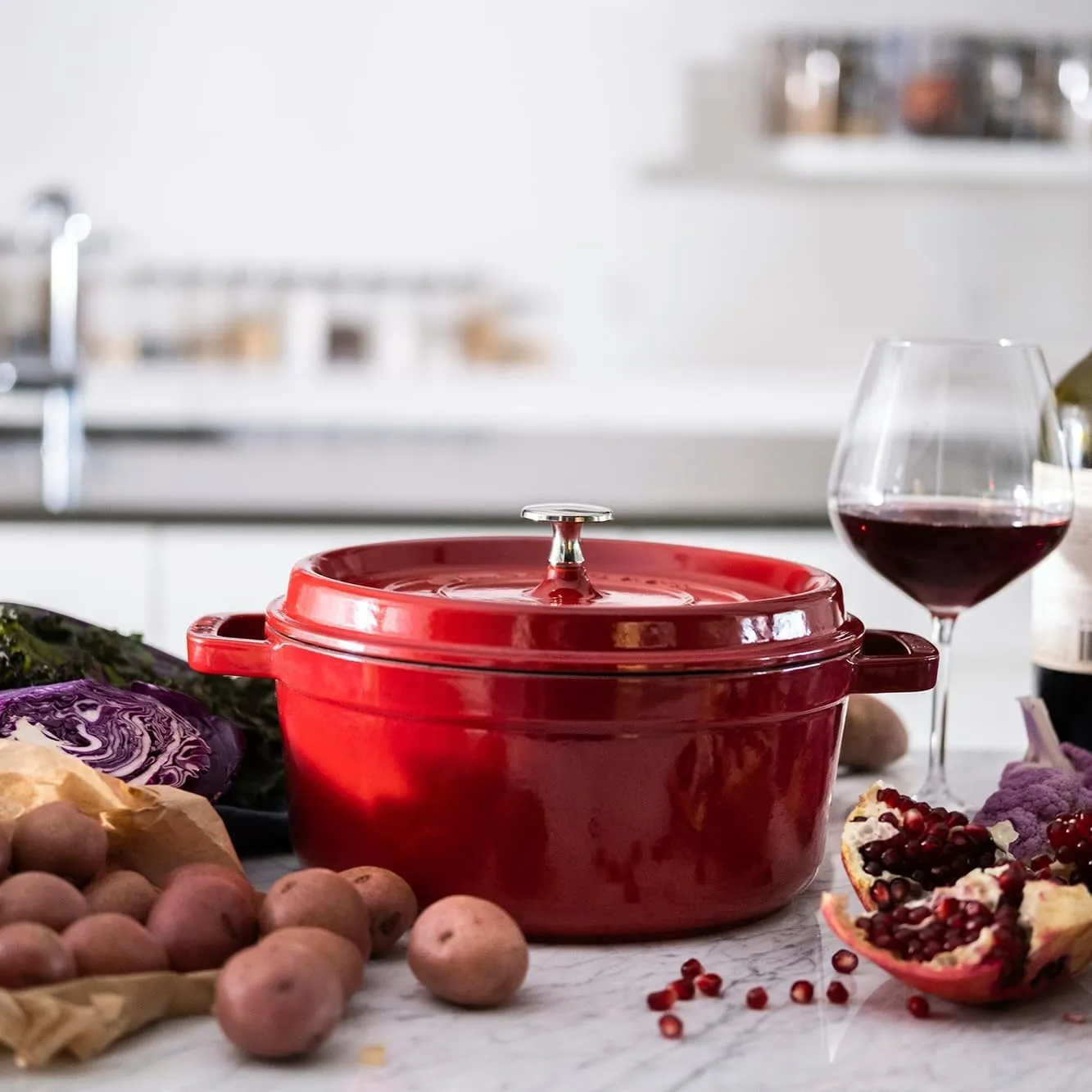 STAUB Cast Iron Dutch Oven 4-qt Round Cocotte, Made in France, Serves 3-4, Cherry