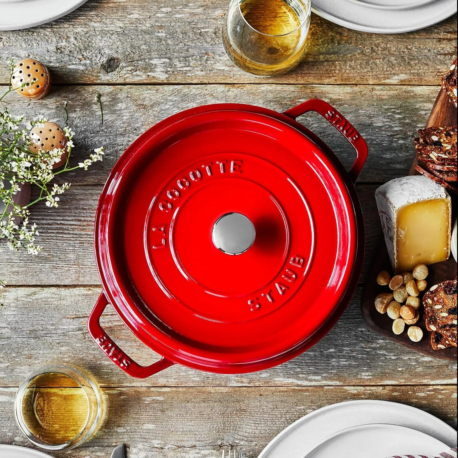STAUB Cast Iron Dutch Oven 4-qt Round Cocotte, Made in France, Serves 3-4, Cherry