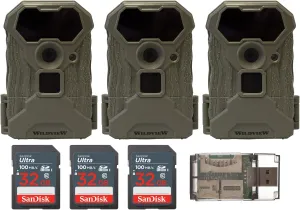 Stealth Cam Wildview 12MP Infrared Trail Camera - Night Vision 18 IR Video - 60ft Detection - Wildlife Monitoring and Security Bundle with 32GB SDHC Memory Card, and High Speed Card Reader (3-Pack)