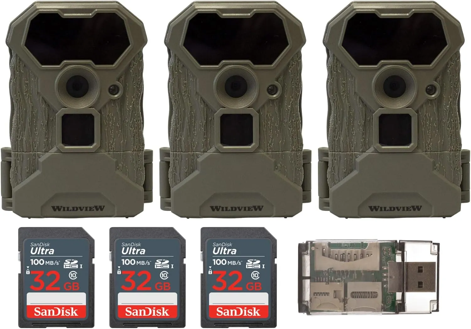 Stealth Cam Wildview 12MP Infrared Trail Camera - Night Vision 18 IR Video - 60ft Detection - Wildlife Monitoring and Security Bundle with 32GB SDHC Memory Card, and High Speed Card Reader (3-Pack)