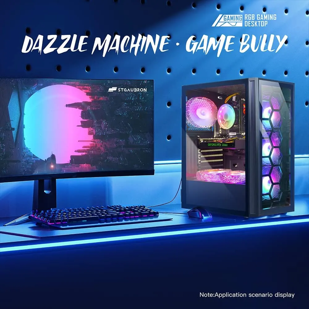 STGAubron Gaming PC Desktop, GeForce RTX 2060 6G GDDR6, Intel Core i7 up to 3.9 GHz, 16G RAM, 512G SSD, WiFi, BT 5.0, RGB Fan x6, RGB BT Sound Bar, Windows 10 Home