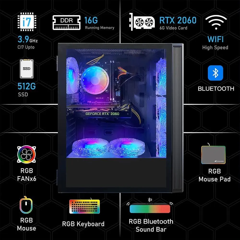 STGAubron Gaming PC Desktop, GeForce RTX 2060 6G GDDR6, Intel Core i7 up to 3.9 GHz, 16G RAM, 512G SSD, WiFi, BT 5.0, RGB Fan x6, RGB BT Sound Bar, Windows 10 Home
