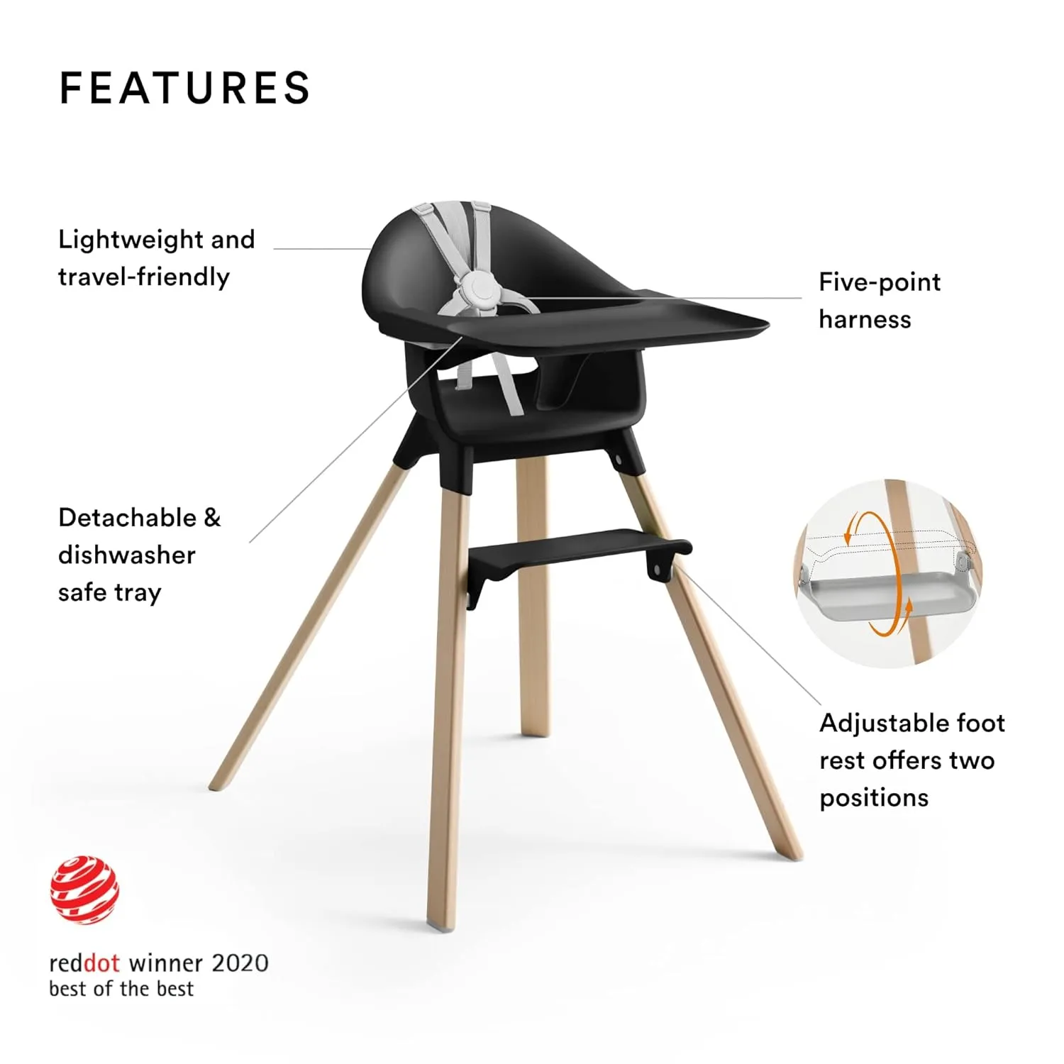 Stokke Clikk High Chair, Black Natural - All-in-One High Chair with Tray   Harness - Light, Durable & Travel Friendly - Ergonomic with Adjustable Features - Best for 6-36 Months or Up to 33 lbs