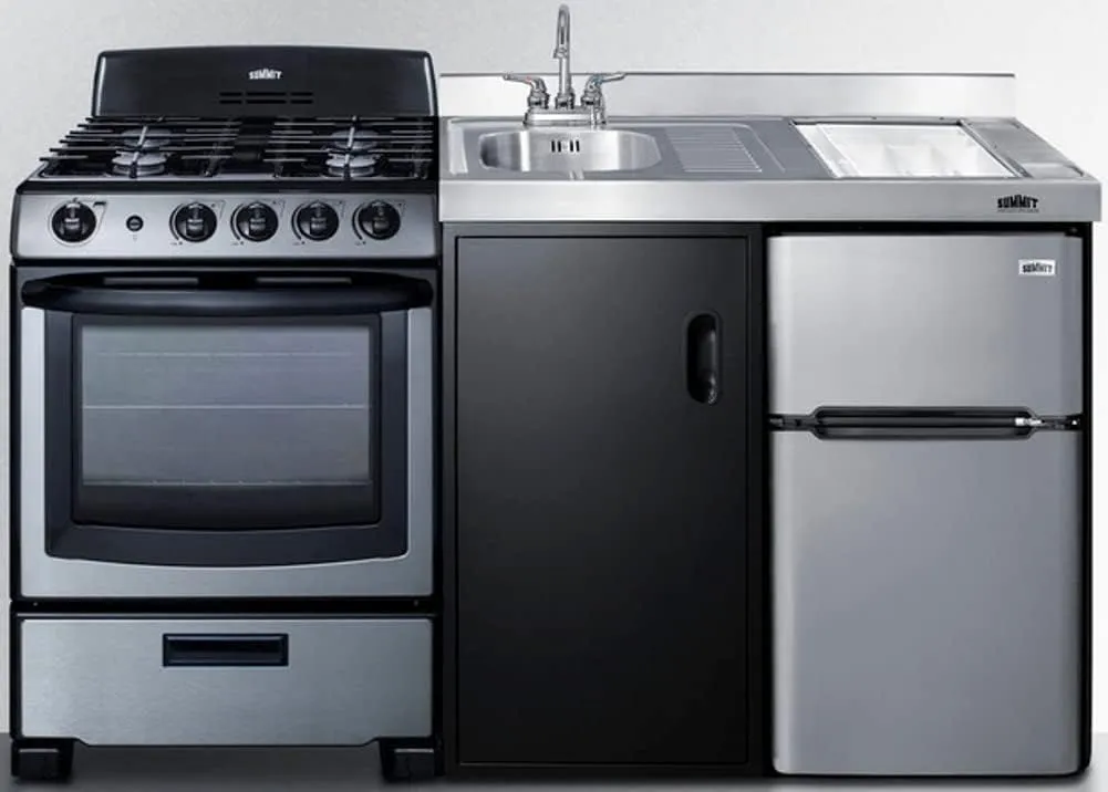 Summit Appliance ACK63GASBSS 63" Wide All-in-one Kitchenette with Full-sized Sealed Burner Gas Range w/Oven, Compact Refrigerator-Freezer, Sink, Cutting Board and Cutlery Storage and Storage Cabinet