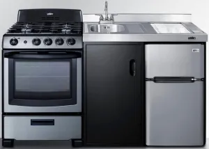 Summit Appliance ACK63GASBSS 63" Wide All-in-one Kitchenette with Full-sized Sealed Burner Gas Range w/Oven, Compact Refrigerator-Freezer, Sink, Cutting Board and Cutlery Storage and Storage Cabinet