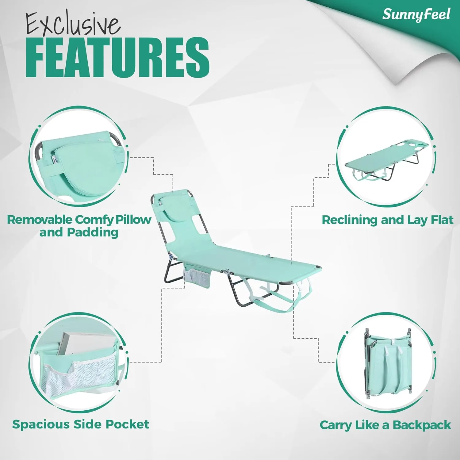 SUNNYFEEL Beach Lounge Chair, Backpack Reclining Beach Chairs Lay Flat, Sun Face Down Tanning Chair, Folding Camping Chairs Portable Camp Cot with Backpack Straps for Outdoor/Picnic/Lawn