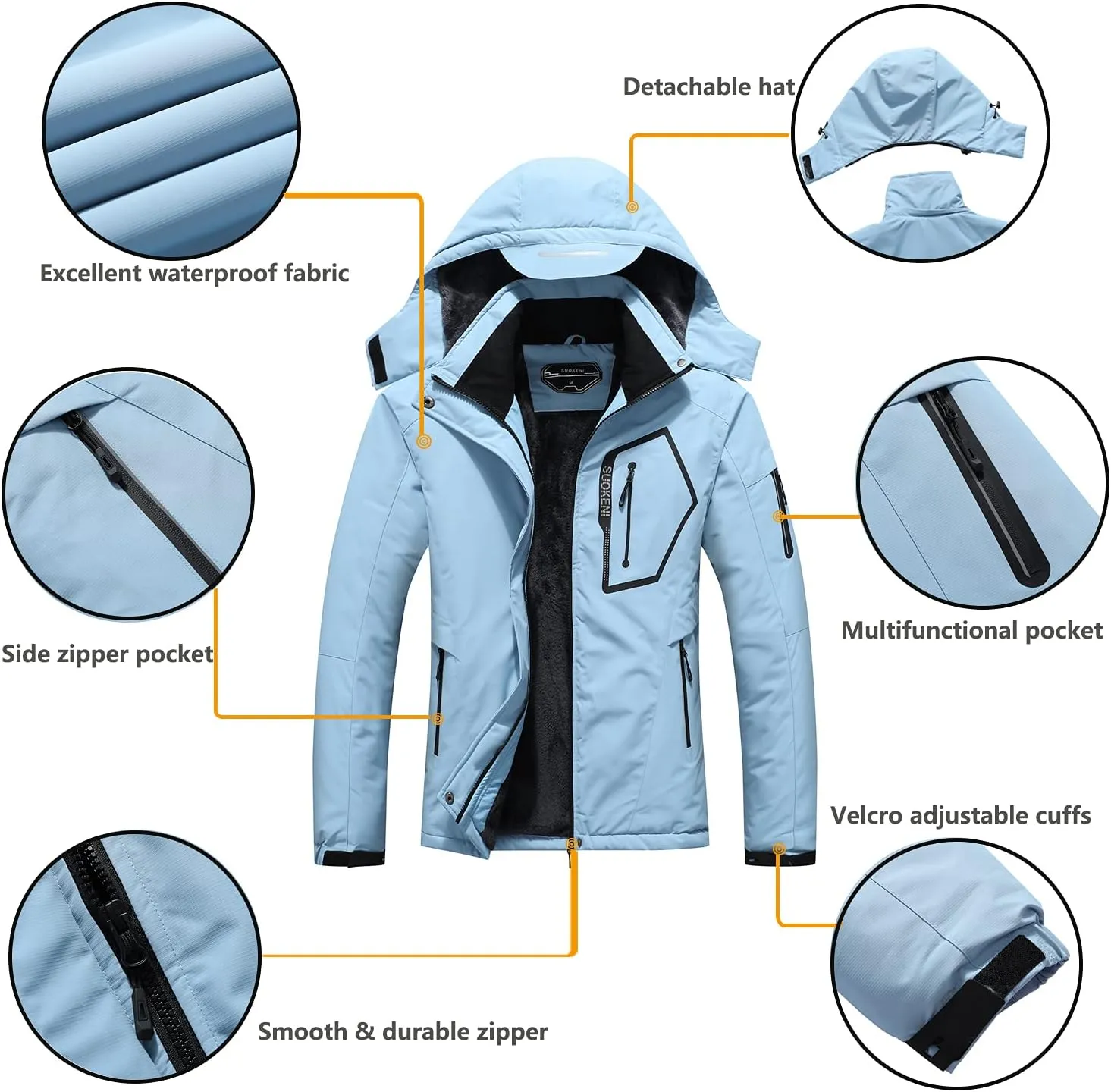 SUOKENI Women's Waterproof Warm Winter Snow Coat Hooded Raincoat Ski Snowboarding Jacket