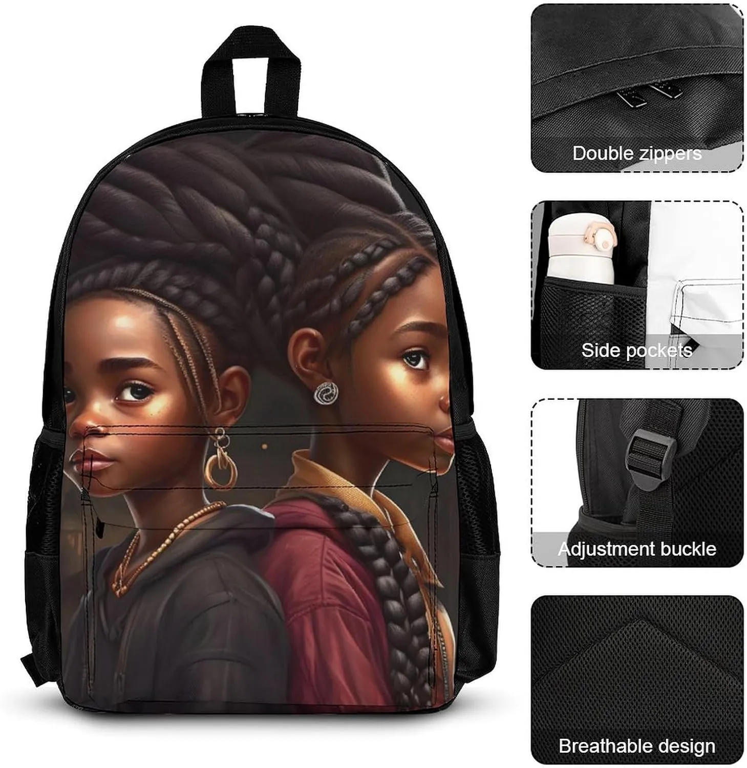 Supdreamc 3 Piece Backpack Large Capacity Carry On Bag Backpack for Hiking Outdoors Running - African American Black Women Woman Art, for Adult, Travel Daypack